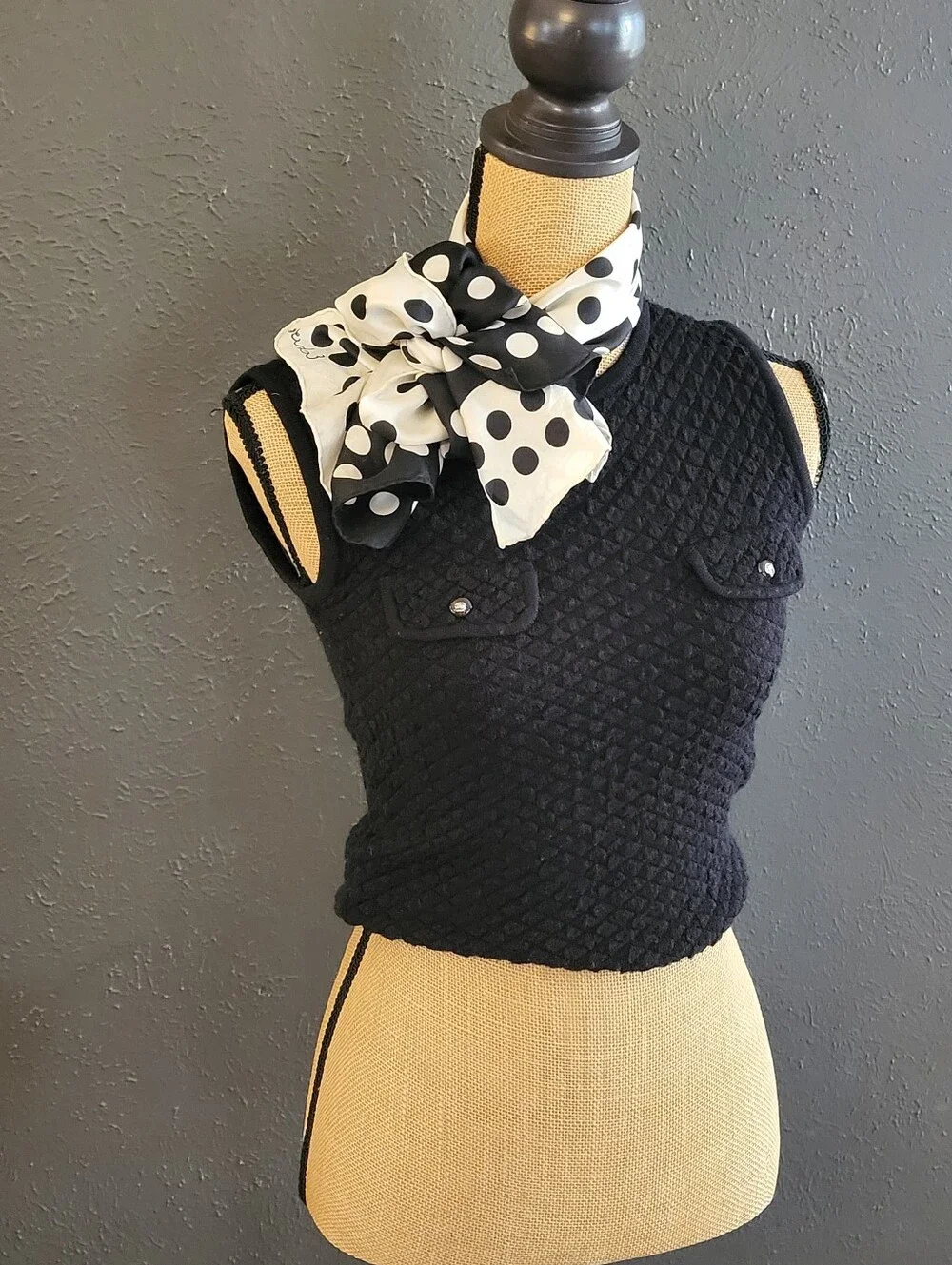 Echo 1970s Ivory/Black Colorblock Polkadot Rectangular Silk Scarf
